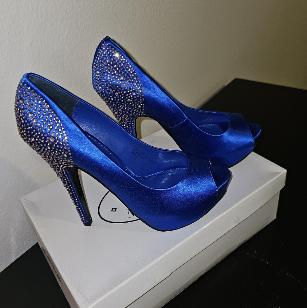 Steve Madden Blue Satin with Rhinestones Peep Toe Pump